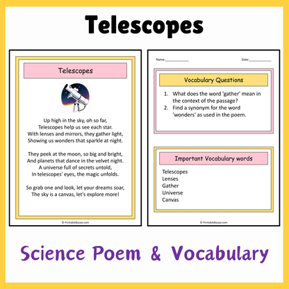 Telescopes | Science Poem Reading Comprehension Activity