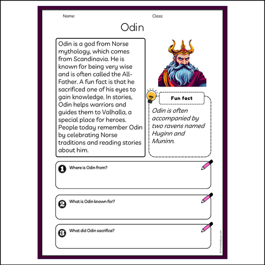 Odin | Reading Passage Comprehension Questions Writing Facts Worksheet