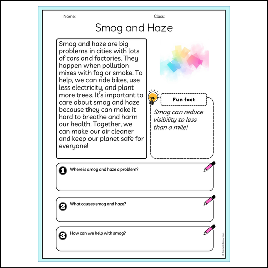 Smog and Haze | Reading Passage Comprehension Questions Writing Facts Worksheet