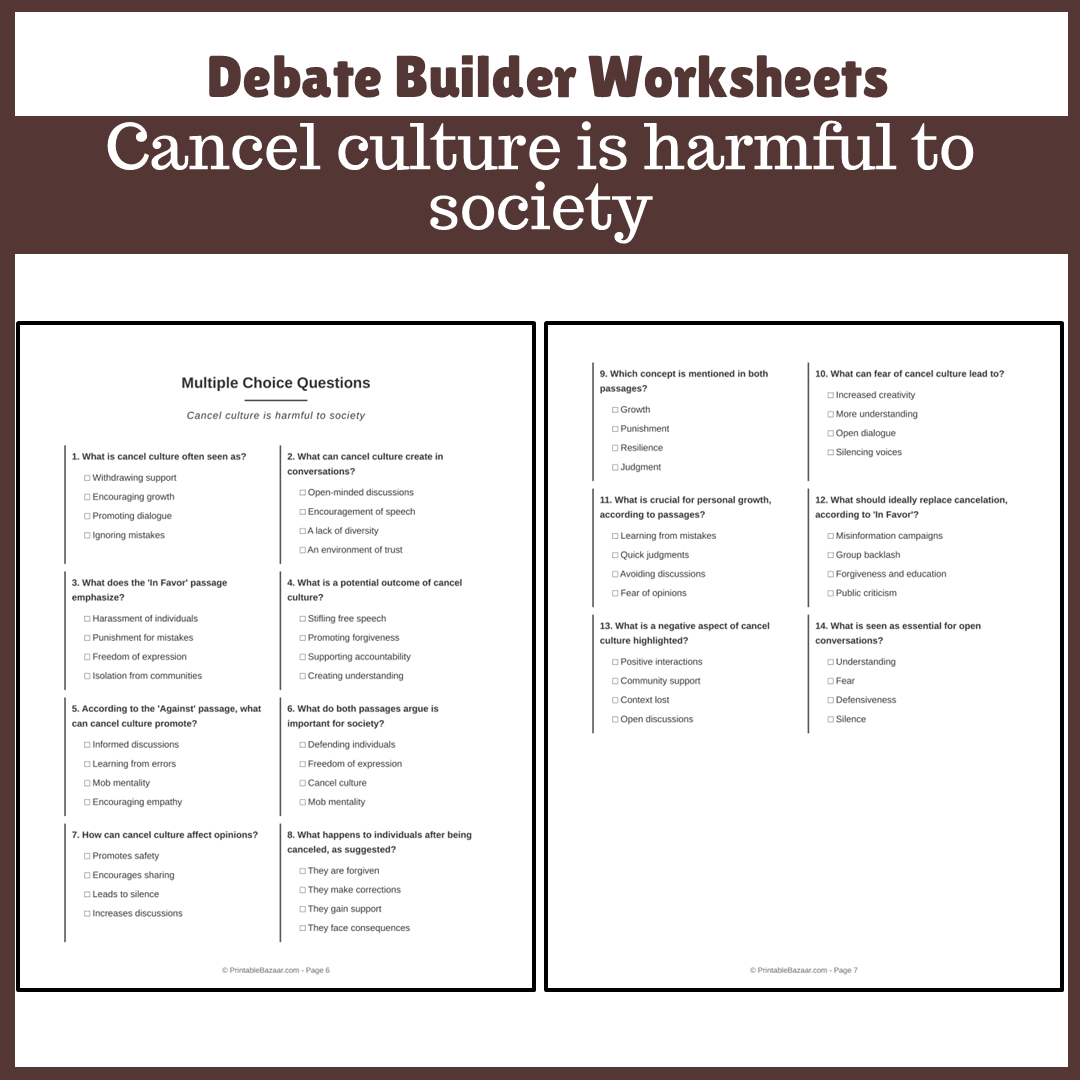 Cancel culture is harmful to society | Favour and Against Worksheet Printable Activity