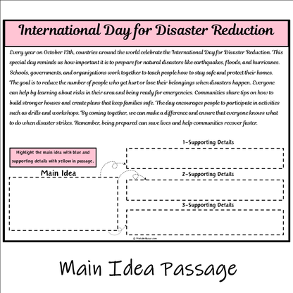 International Day for Disaster Reduction | Main Idea and Supporting Details Reading Passage and Questions