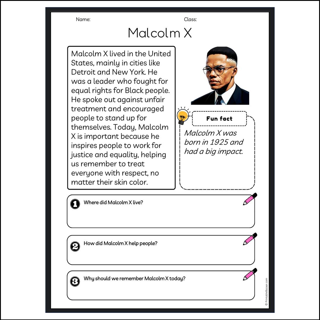 Malcolm X | Reading Passage Comprehension Questions Writing Facts Worksheet