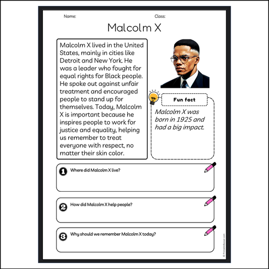 Malcolm X | Reading Passage Comprehension Questions Writing Facts Worksheet