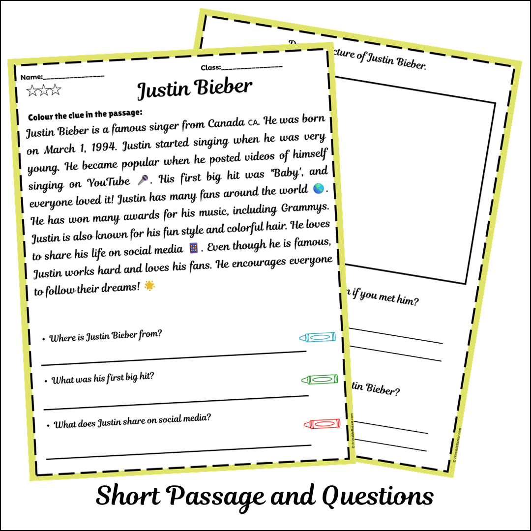 Justin Bieber | Short Reading Comprehension Creative Worksheet