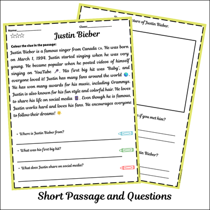 Justin Bieber | Short Reading Comprehension Creative Worksheet