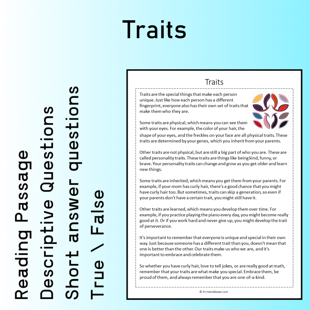 Traits | Reading Comprehension Passage Printable Worksheet