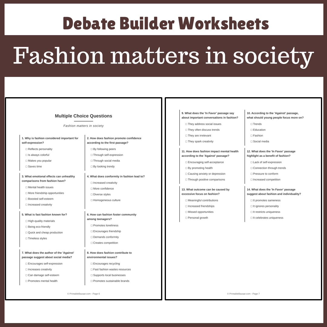 Fashion matters in society | Favour and Against Worksheet Printable Activity