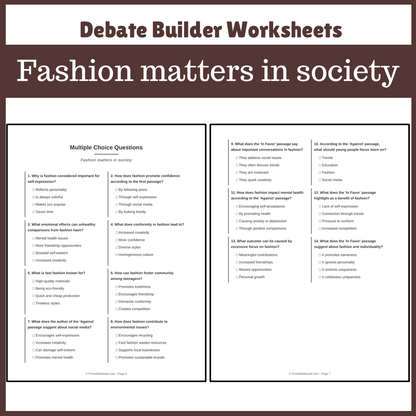 Fashion matters in society | Favour and Against Worksheet Printable Activity