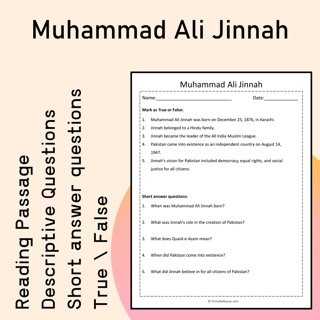 Muhammad Ali Jinnah | Reading Comprehension Passage Printable Activity