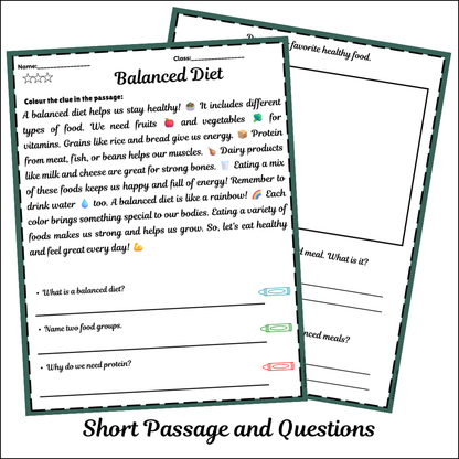Balanced Diet | Short Reading Comprehension Creative Worksheet
