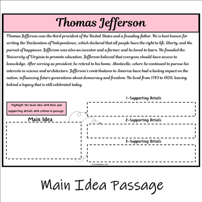 Thomas Jefferson | Main Idea and Supporting Details Reading Passage and Questions