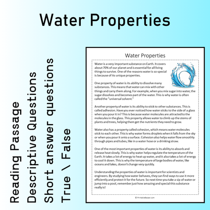 Water Properties | Reading Comprehension Passage Printable Worksheet