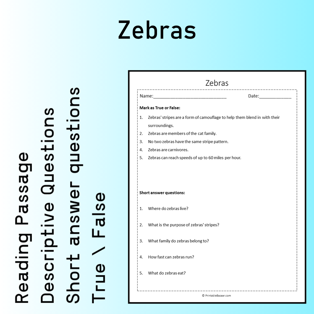 Zebras | Reading Comprehension Passage Printable Worksheet