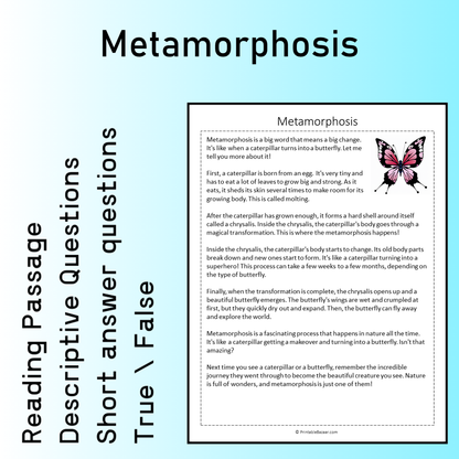 Metamorphosis | Reading Comprehension Passage Printable Worksheet
