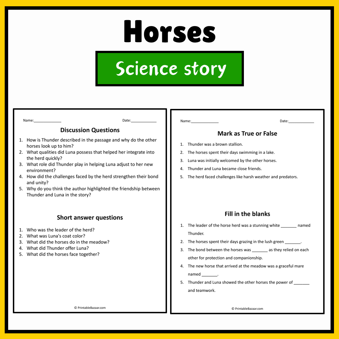Horses | Science Story Reading Comprehension Activity