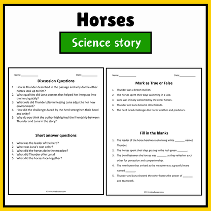 Horses | Science Story Reading Comprehension Activity