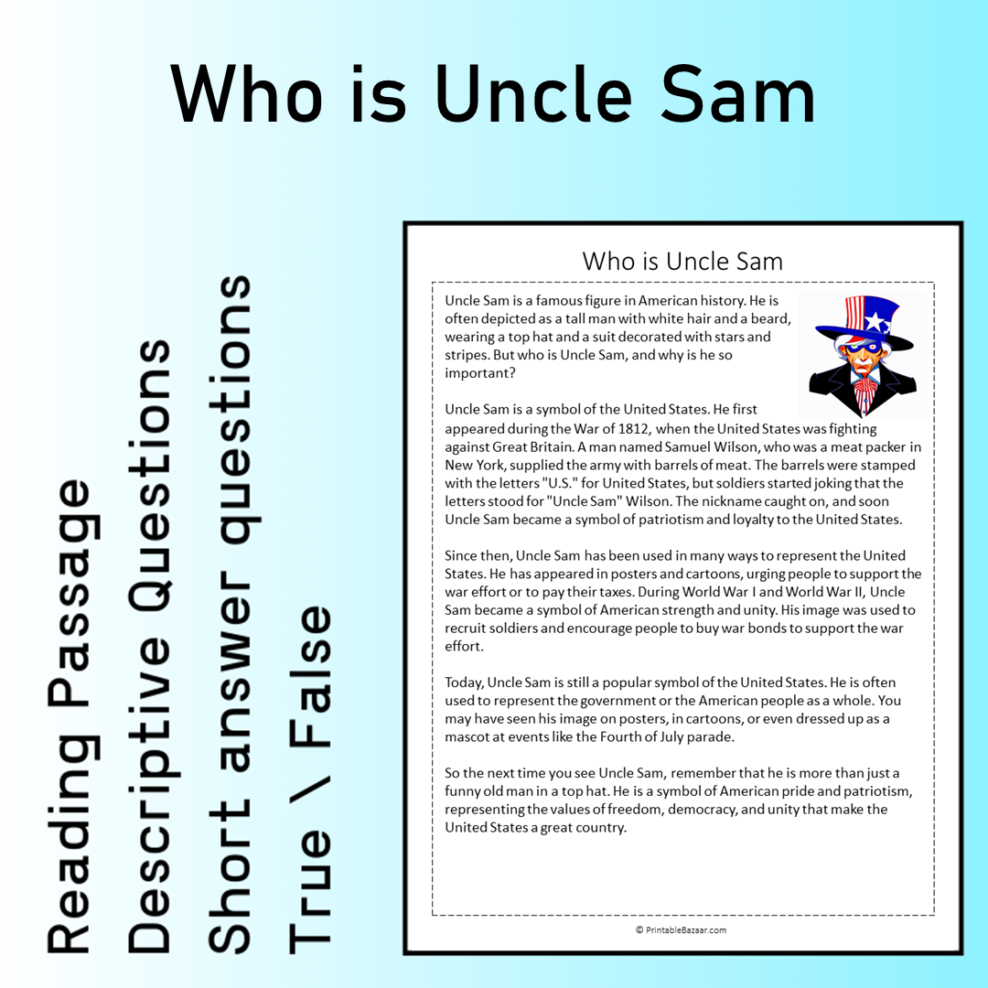 Who is Uncle Sam | Reading Comprehension Passage Printable Worksheet