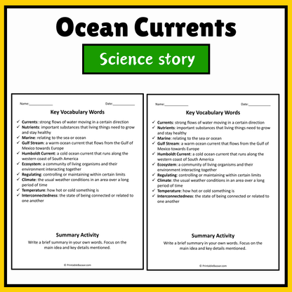 Ocean Currents | Science Story Reading Comprehension Activity