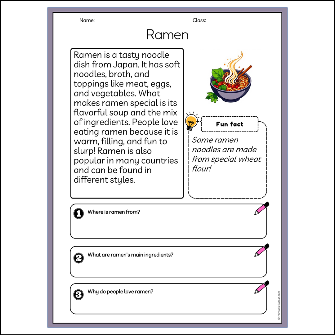 Ramen | Reading Passage Comprehension Questions Writing Facts Worksheet