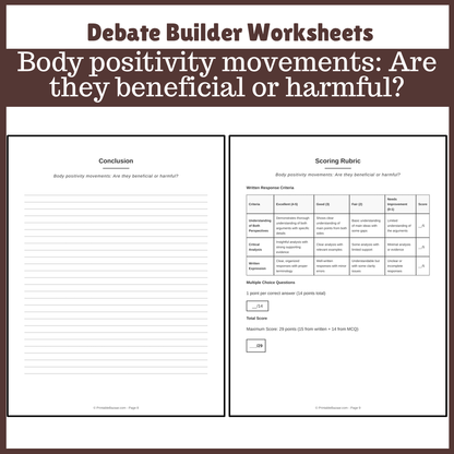 Body positivity movements: Are they beneficial or harmful? | Favour and Against Worksheet Printable Activity