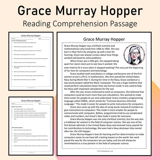 Grace Murray Hopper | Reading Comprehension Passage Printable Activity