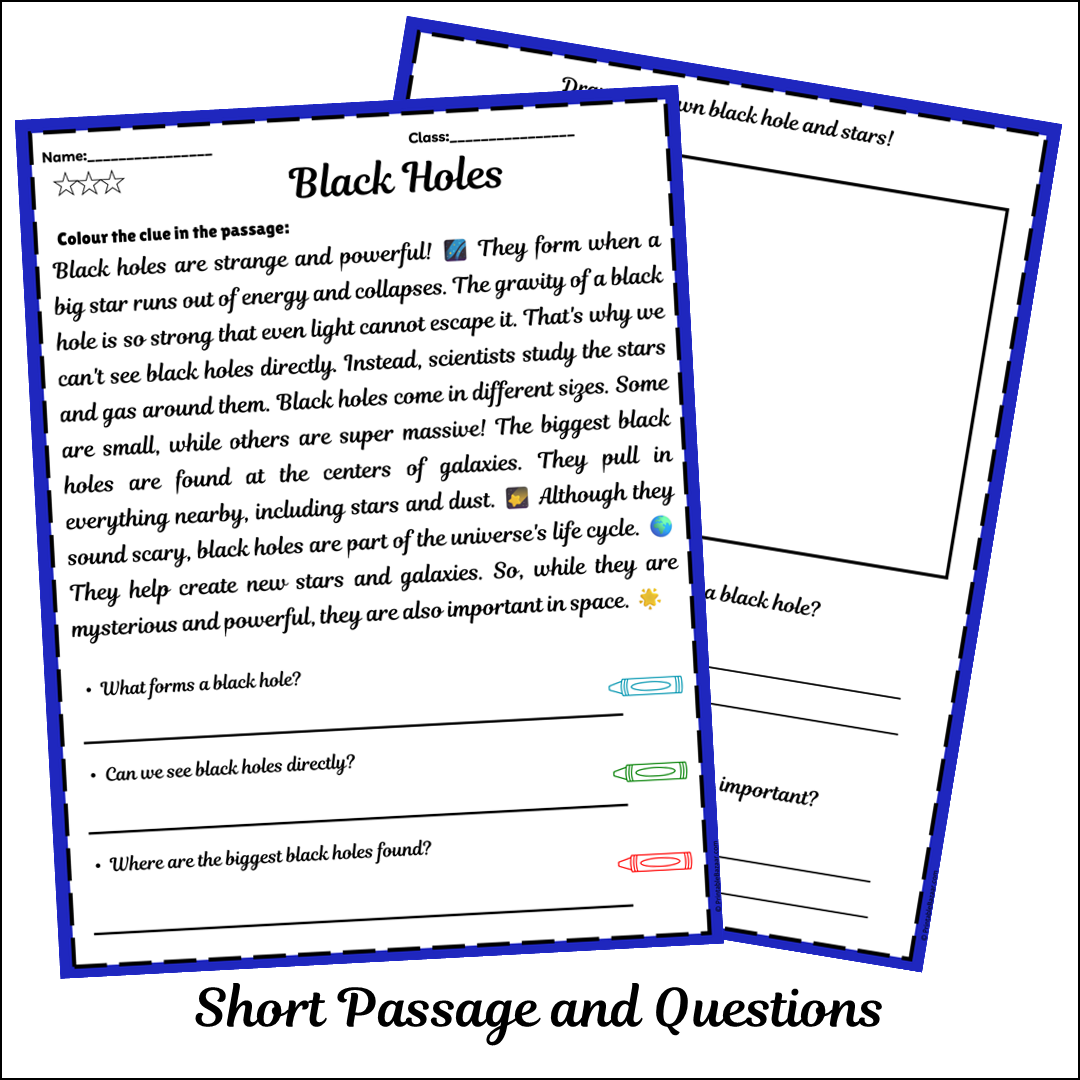 Black Holes | Short Reading Comprehension Creative Worksheet