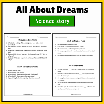 All About Dreams | Science Story Reading Comprehension Activity