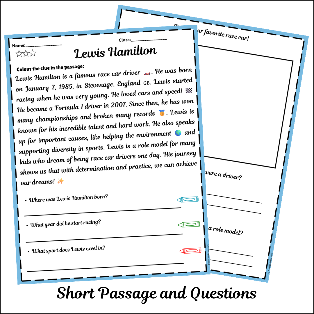 Lewis Hamilton | Short Reading Comprehension Creative Worksheet