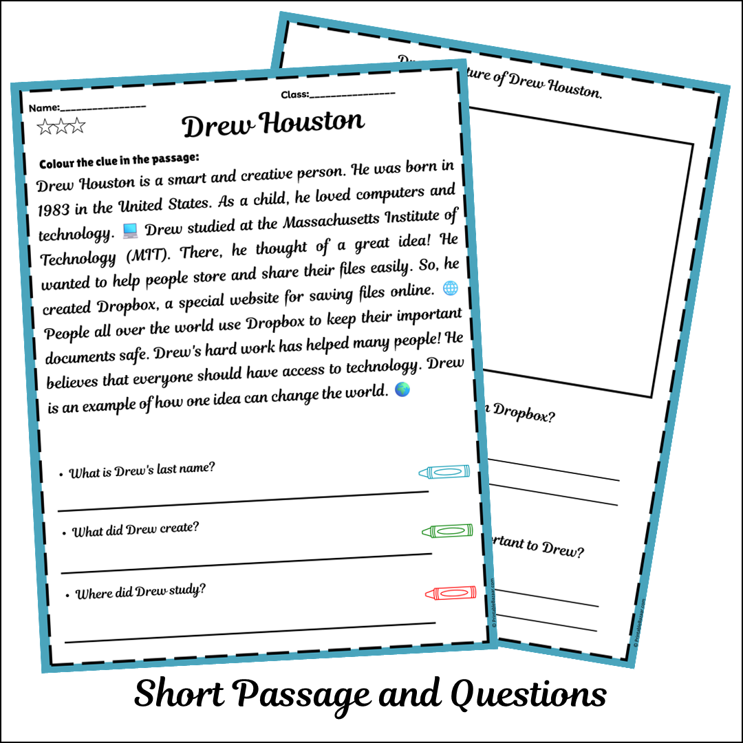 Drew Houston | Short Reading Comprehension Creative Worksheet