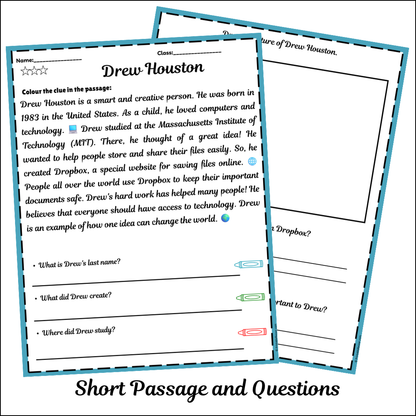 Drew Houston | Short Reading Comprehension Creative Worksheet