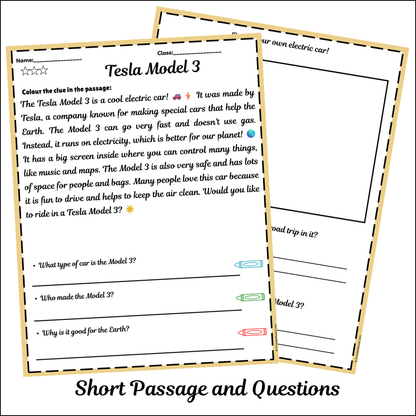 Tesla Model 3 | Short Reading Comprehension Creative Worksheet