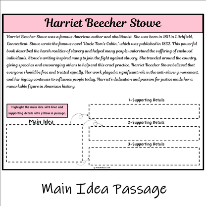 Harriet Beecher Stowe | Main Idea and Supporting Details Reading Passage and Questions