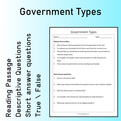 Government Types | Reading Comprehension Passage Printable Worksheet