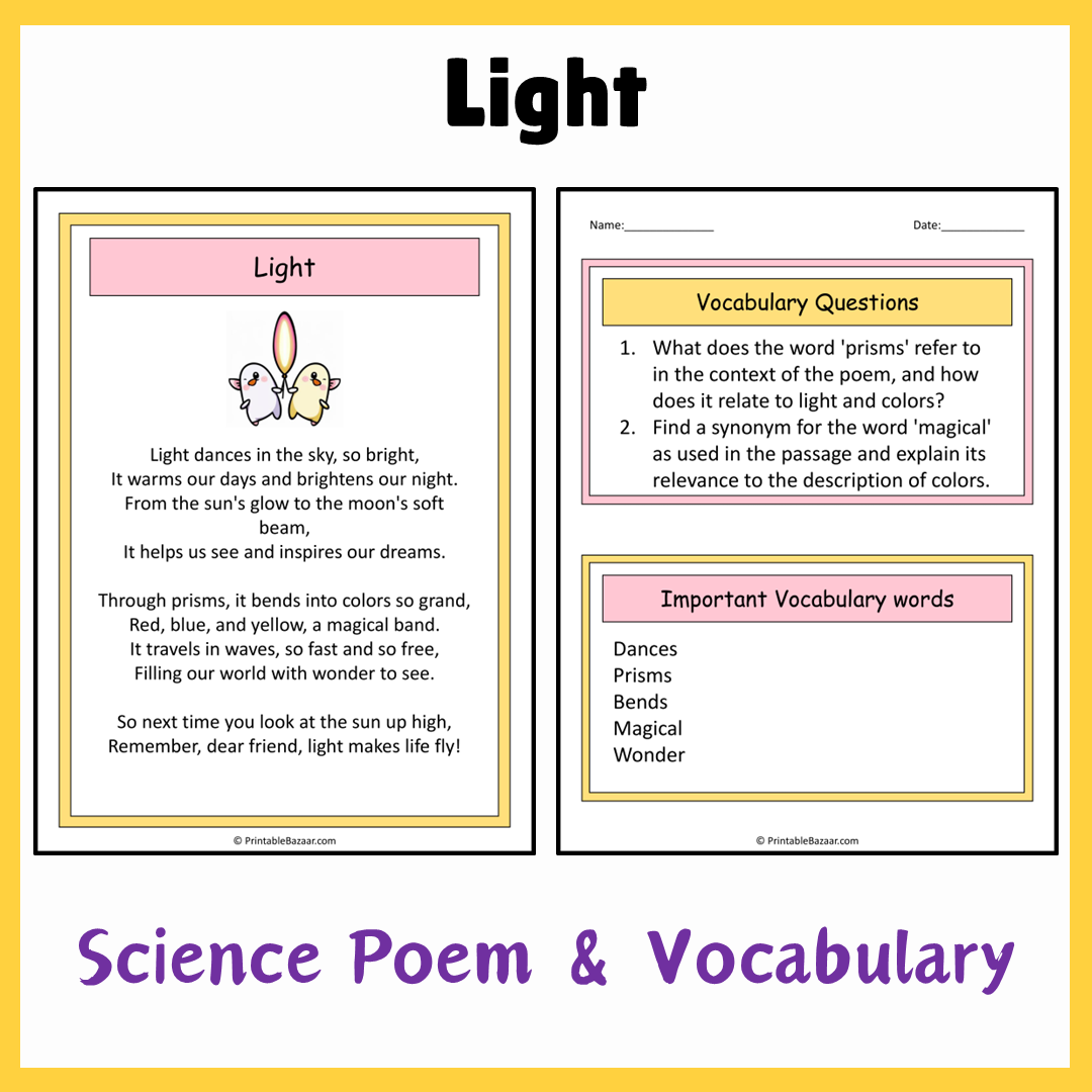 Light | Science Poem Reading Comprehension Activity