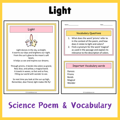 Light | Science Poem Reading Comprehension Activity