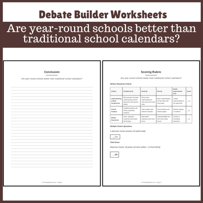Are year-round schools better than traditional school calendars? | Favour and Against Worksheet Printable Activity