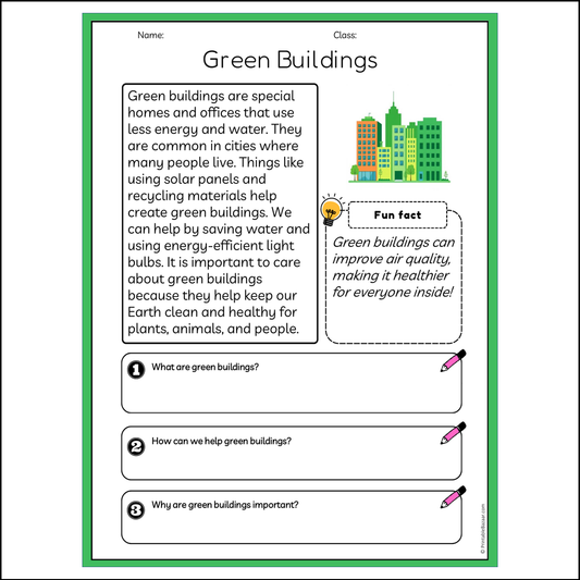 Green Buildings | Reading Passage Comprehension Questions Writing Facts Worksheet