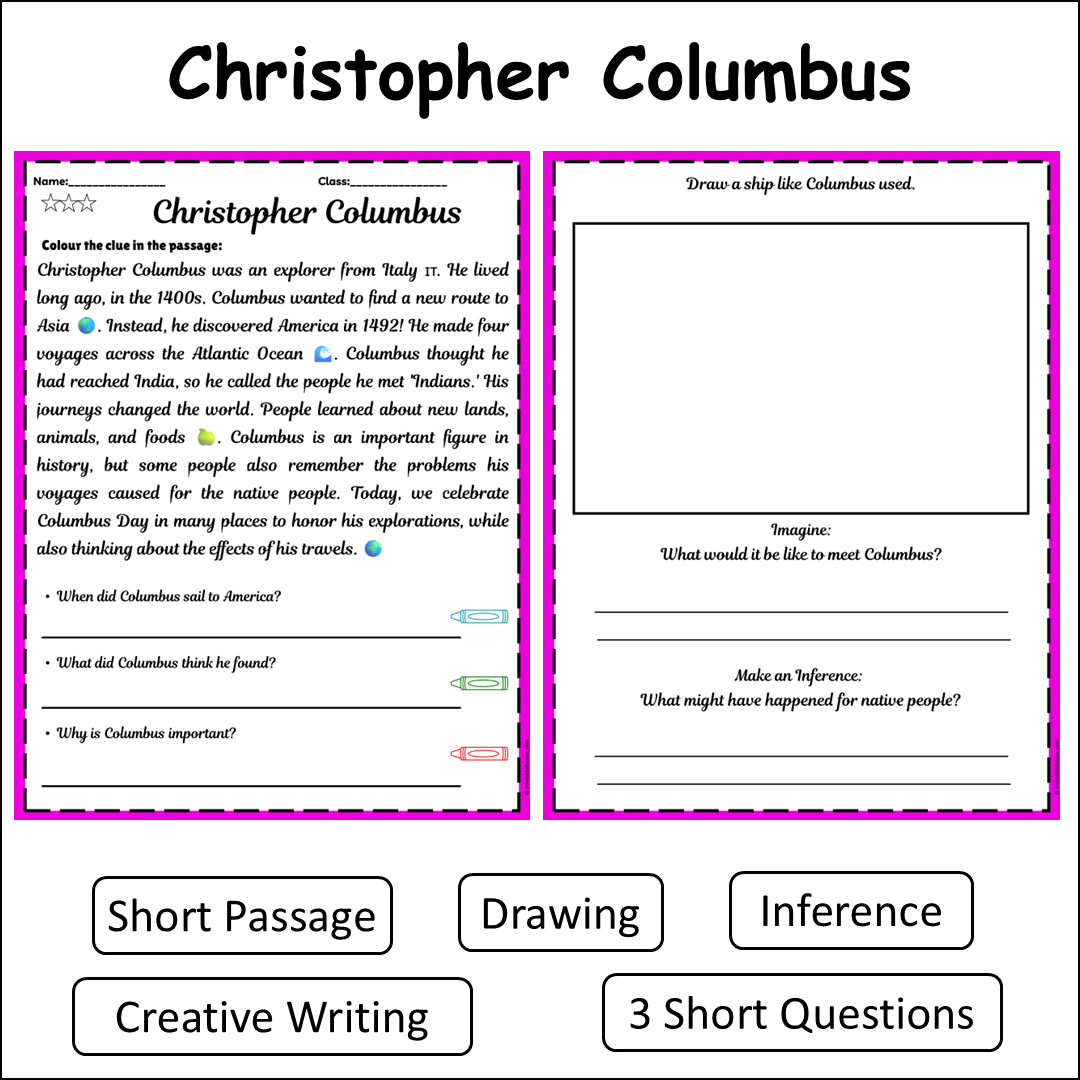 Christopher Columbus | Short Reading Comprehension Creative Worksheet