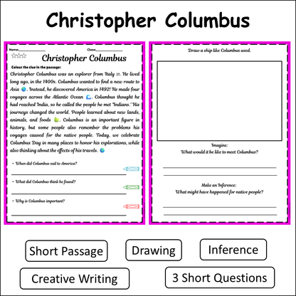 Christopher Columbus | Short Reading Comprehension Creative Worksheet