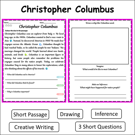 Christopher Columbus | Short Reading Comprehension Creative Worksheet
