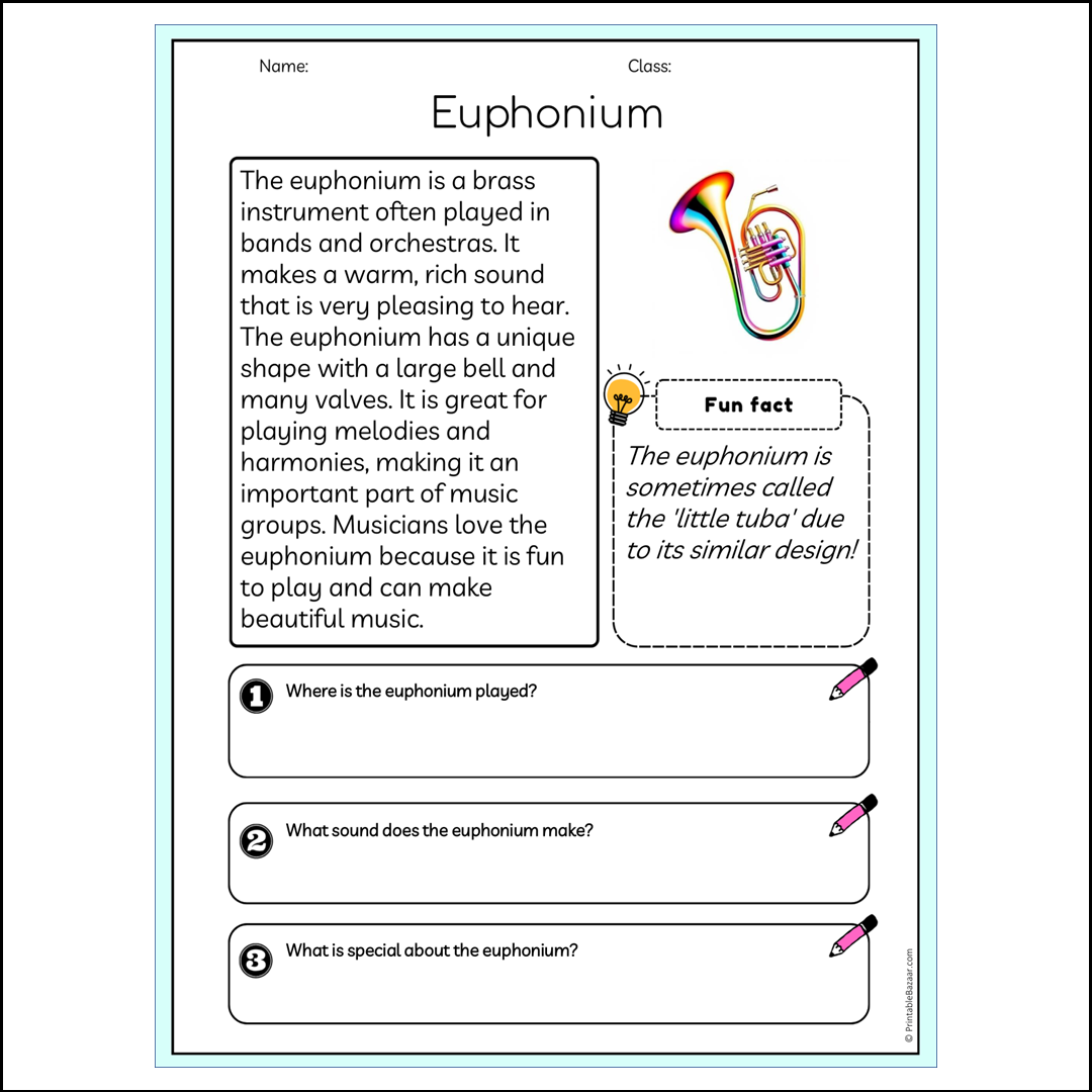 Euphonium | Reading Passage Comprehension Questions Writing Facts Worksheet