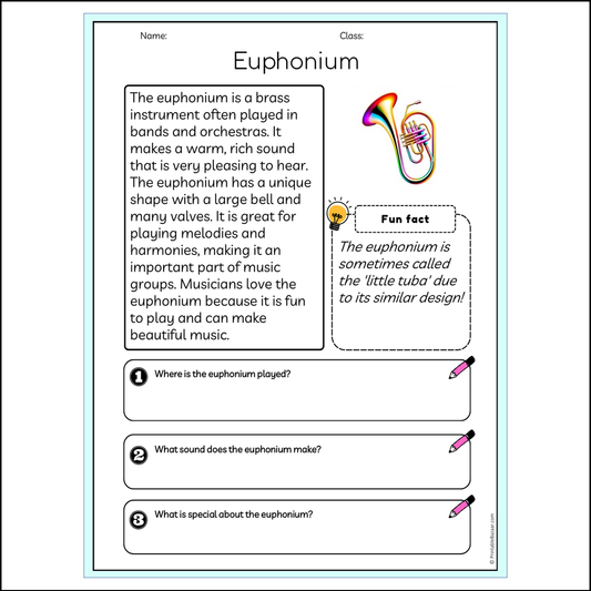 Euphonium | Reading Passage Comprehension Questions Writing Facts Worksheet