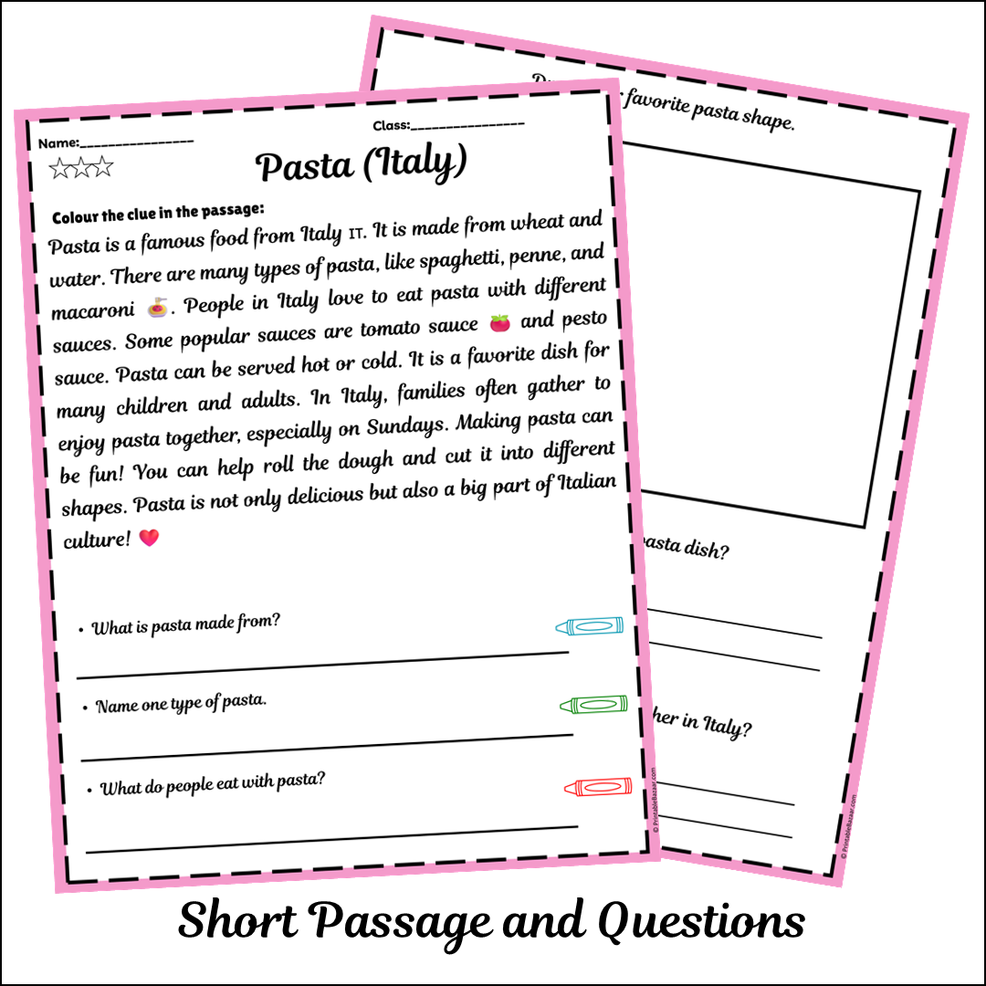 Pasta (Italy) | Short Reading Comprehension Creative Worksheet