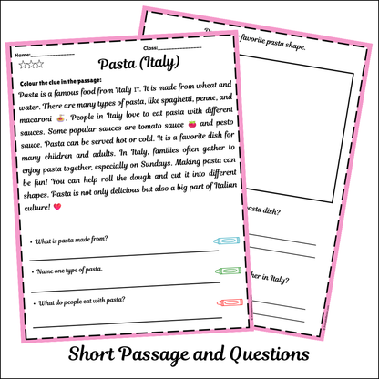 Pasta (Italy) | Short Reading Comprehension Creative Worksheet
