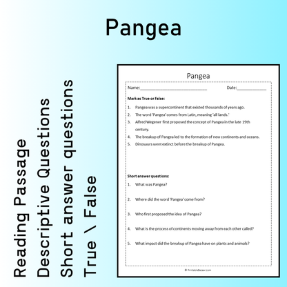 Pangea | Reading Comprehension Passage Printable Worksheet