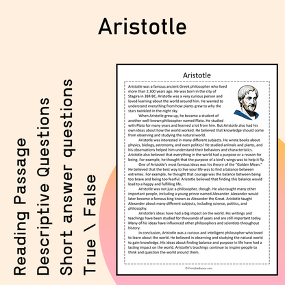 Aristotle | Reading Comprehension Passage Printable Activity