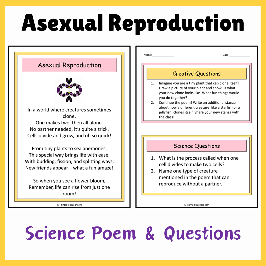 Asexual Reproduction | Science Poem Reading Comprehension Activity