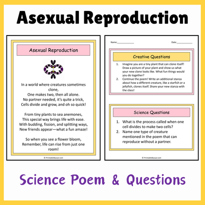 Asexual Reproduction | Science Poem Reading Comprehension Activity