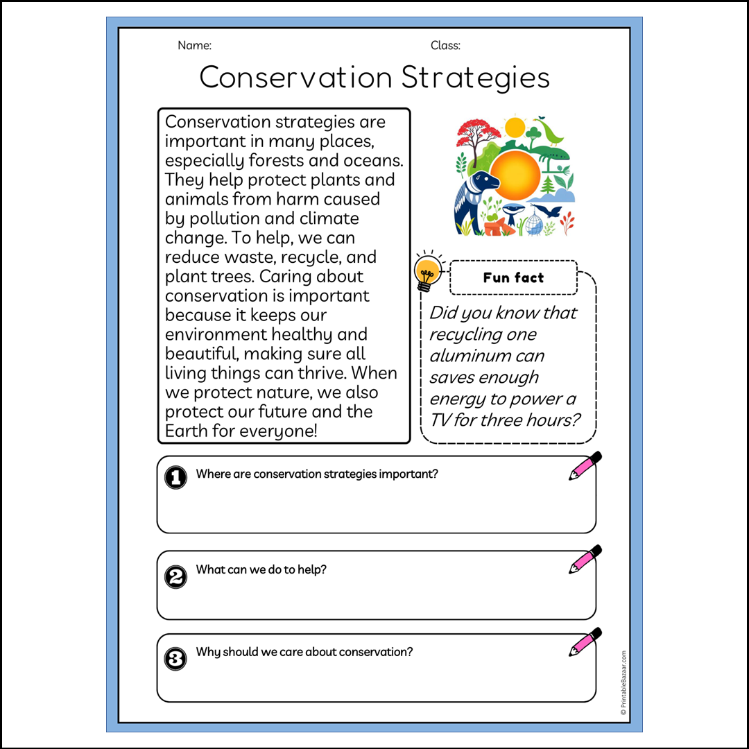 Conservation Strategies | Reading Passage Comprehension Questions Writing Facts Worksheet