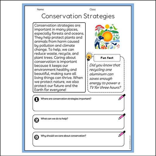 Conservation Strategies | Reading Passage Comprehension Questions Writing Facts Worksheet